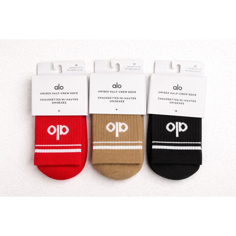 Alo Set of 3 Crew Socks Red Brown Black Medium
